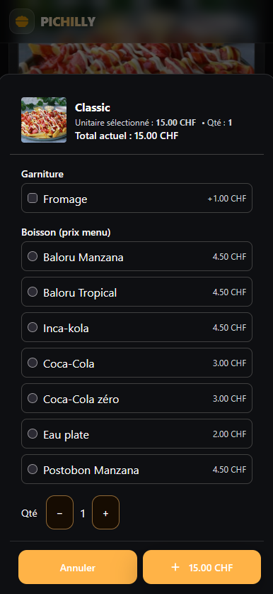 Menu de Pichilly affichés sur smartphone