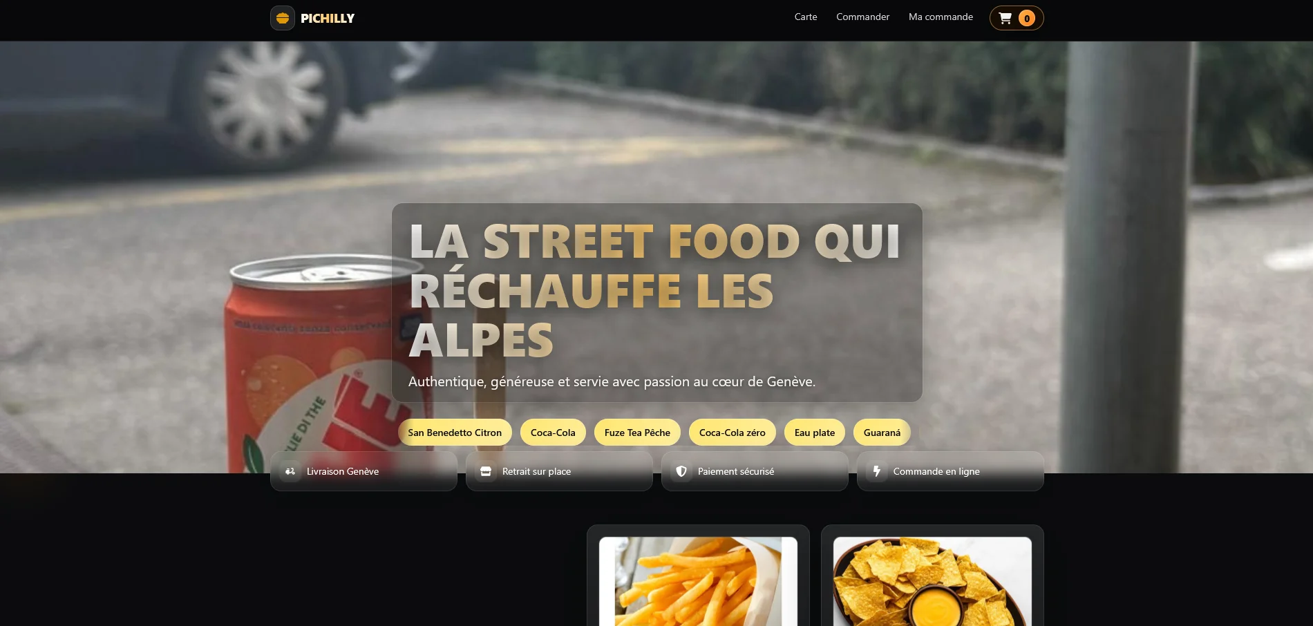 Page d'accueil de la plateforme Pichilly avec le menu du foodtruck